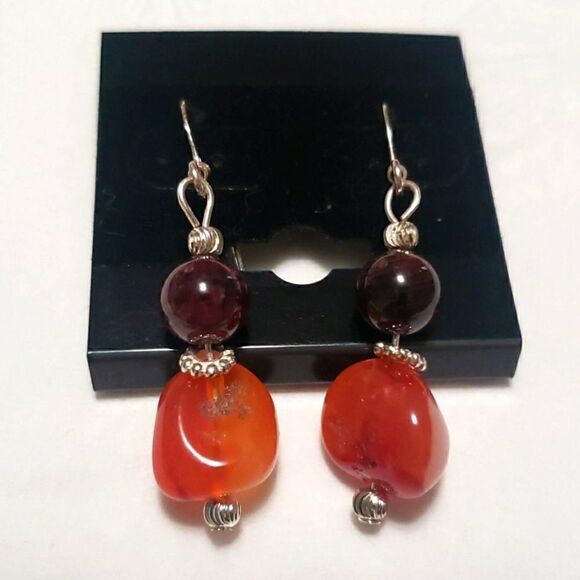 Earrings Handmade with Garnet and Carnelian on Silver Plated findings - Picture 3 of 4